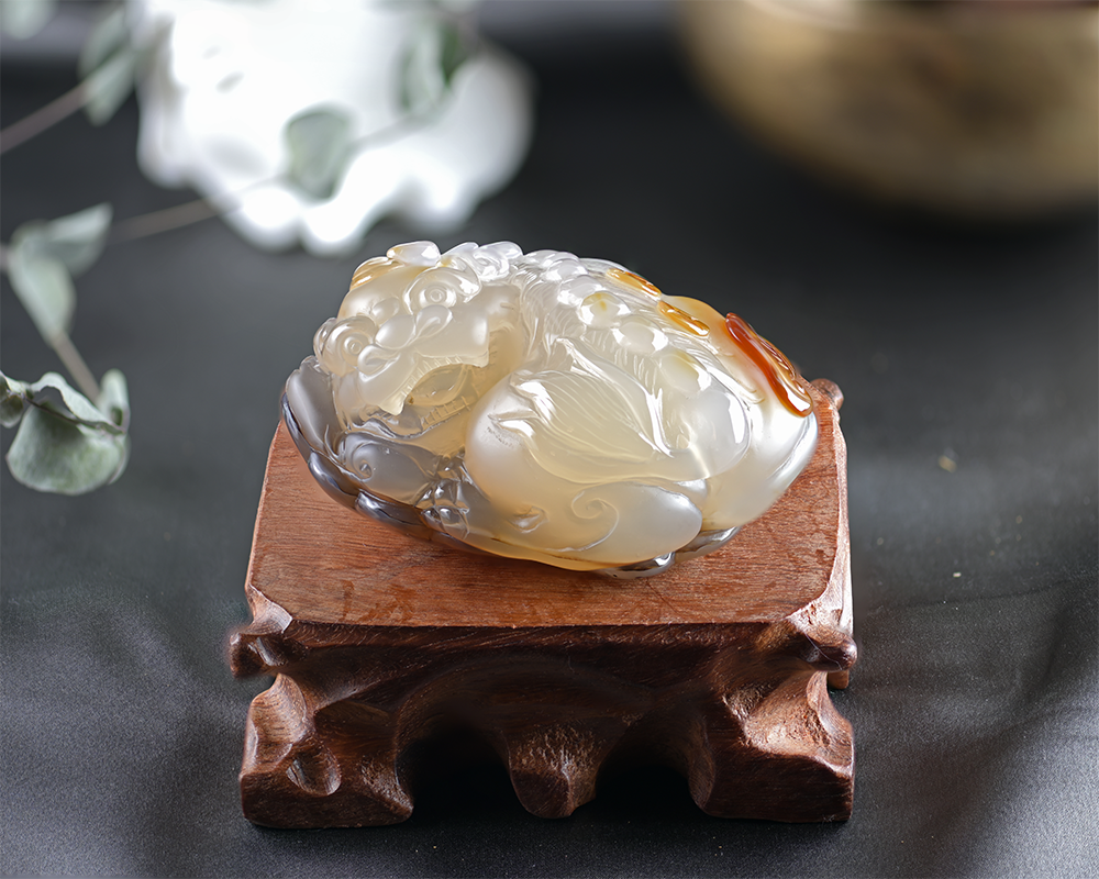 Crouching Dragon Ivory Prism Agate Sculpture